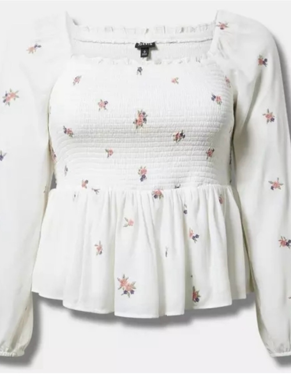 torrid White Smocked Peplum Long-Sleeve Floral Blouse